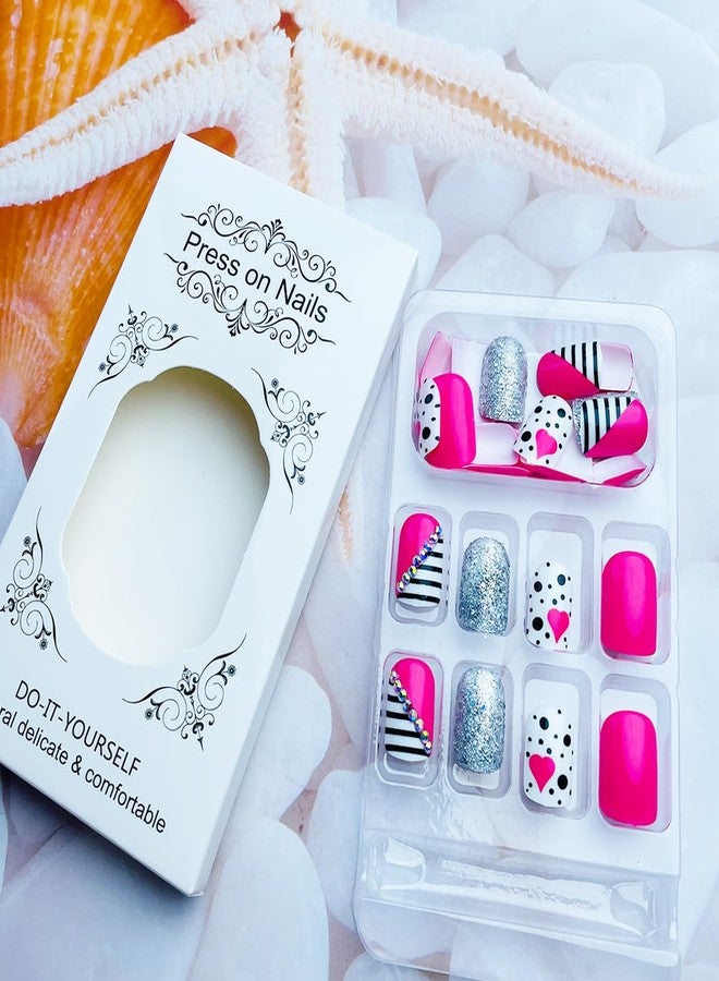 LRKNNO Valentines Press on Nails Short Square Heart Fake Nails Glitter Rhinestones French Press on Nails with Designs Full Cover False Nails Cute Pink Valentines Day Acrylic Nails for Women Girl 24Pcs - Image 5