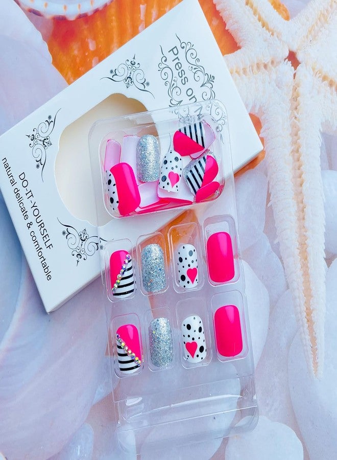 LRKNNO Valentines Press on Nails Short Square Heart Fake Nails Glitter Rhinestones French Press on Nails with Designs Full Cover False Nails Cute Pink Valentines Day Acrylic Nails for Women Girl 24Pcs - Image 4