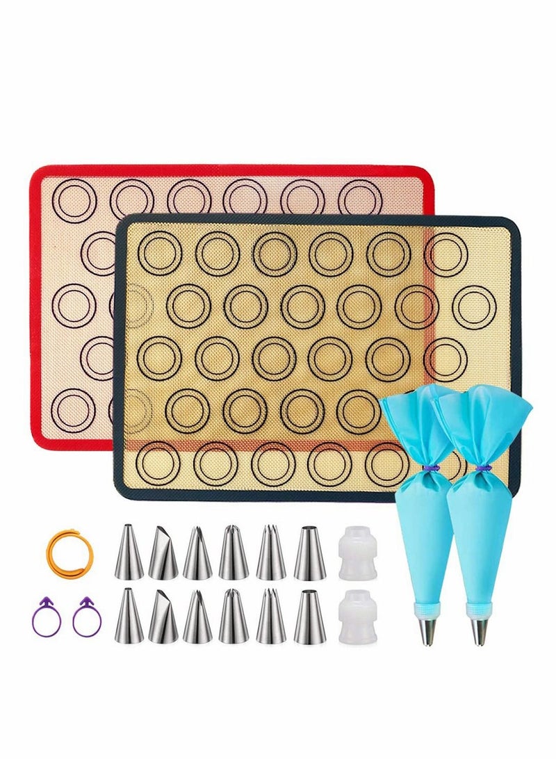 Y&D Silicone Baking Mats 2 Half Sheet 12 Piping Tip Bag and Tie Reusable Non-stick Liners for Food Safe Mat Kit 16"x 11.8" 