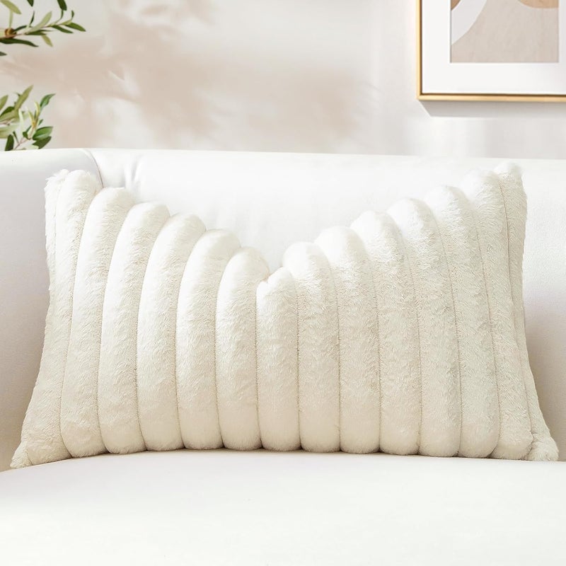 Sungeek Set of 1 Cream White Faux Rabbit Fur Cushion Cover 40x60 cm, Soft Cozy Plush Striped Decorative Throw Pillow Covers 16x24 Inch Velvet Lumbar Pillowcases for Sofa Bedroom - Image 1