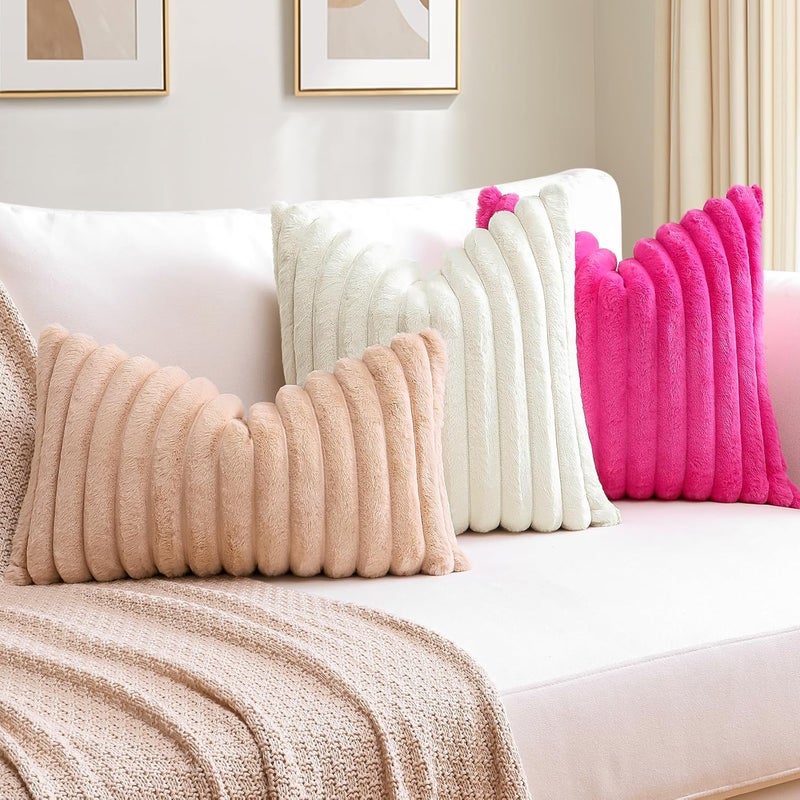 Sungeek Set of 1 Cream White Faux Rabbit Fur Cushion Cover 40x60 cm, Soft Cozy Plush Striped Decorative Throw Pillow Covers 16x24 Inch Velvet Lumbar Pillowcases for Sofa Bedroom - Image 5
