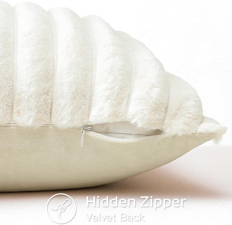 Sungeek Set of 1 Cream White Faux Rabbit Fur Cushion Cover 40x60 cm, Soft Cozy Plush Striped Decorative Throw Pillow Covers 16x24 Inch Velvet Lumbar Pillowcases for Sofa Bedroom - Image 3