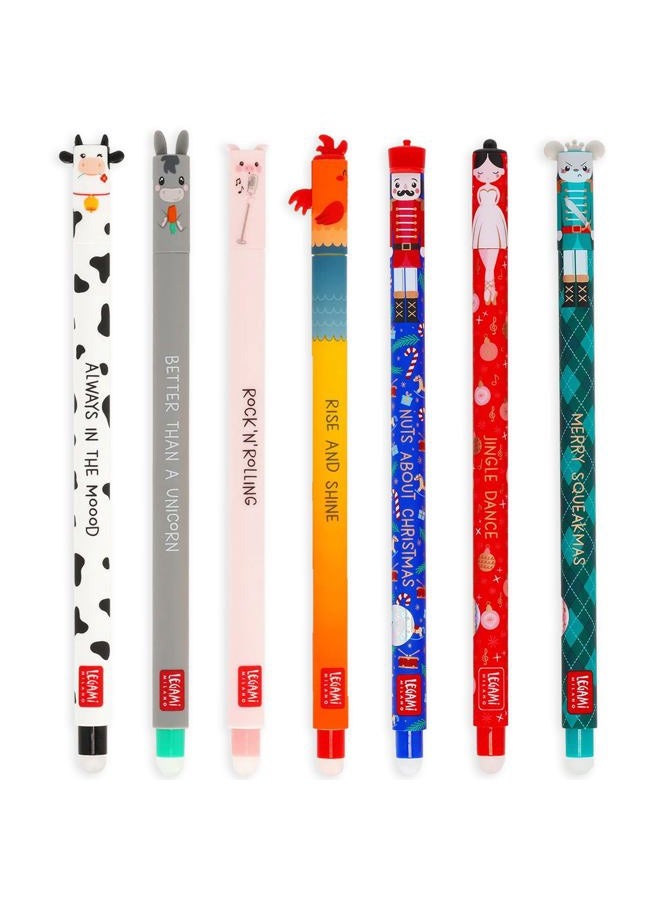 Legami Set of 7 Farmyard and Nutcracker Gel Pens, Pens with Erasable Thermosensitive Ink, Range of Ink Colours, Erase Without Using Up the Paper, 0.7mm Tip - Image 1