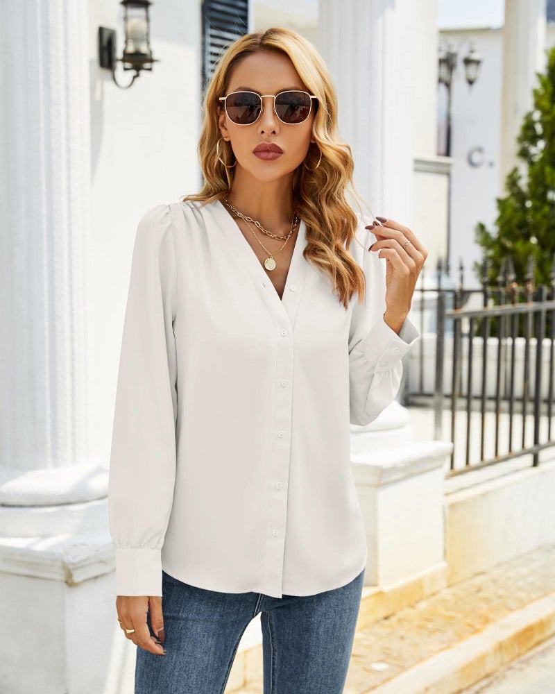 Flowyair Women's Business Casual Tops Summer Long Sleeve Silk Button Down Shirts V Neck Chiffon Blouses White - Image 4