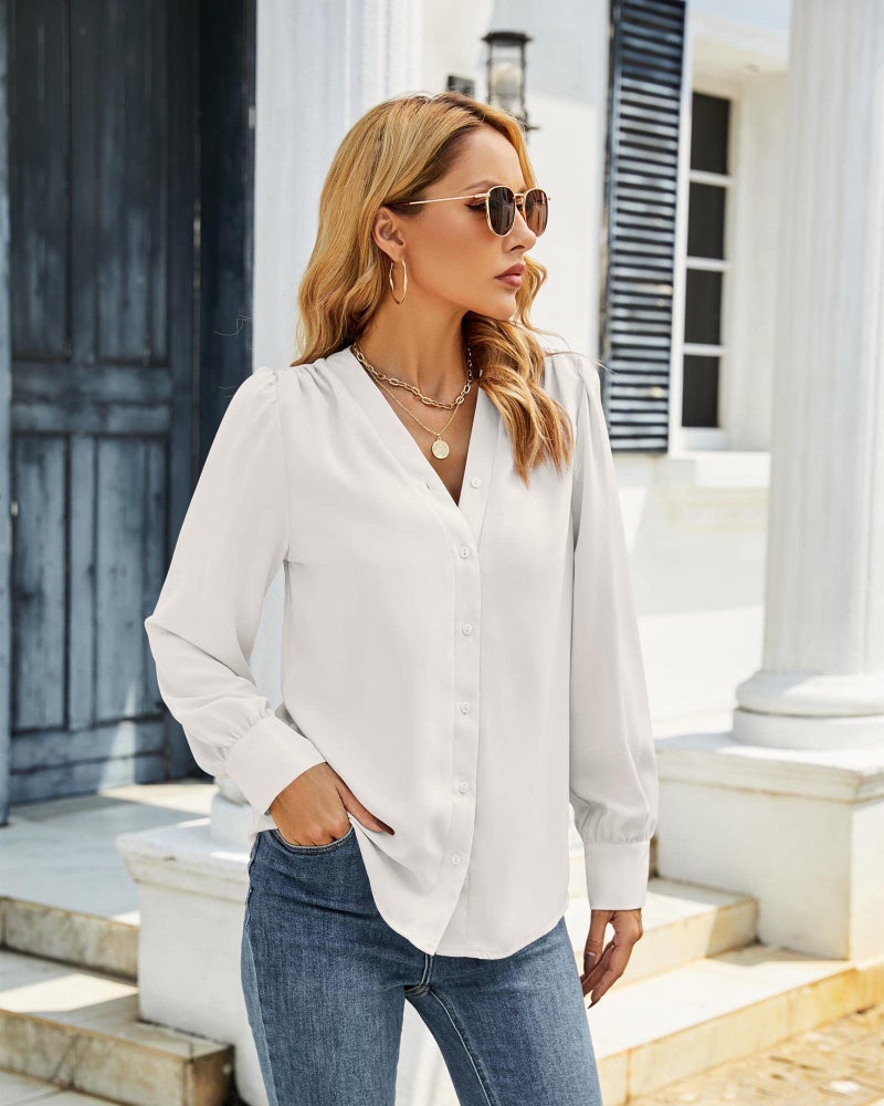 Flowyair Women's Business Casual Tops Summer Long Sleeve Silk Button Down Shirts V Neck Chiffon Blouses White - Image 3