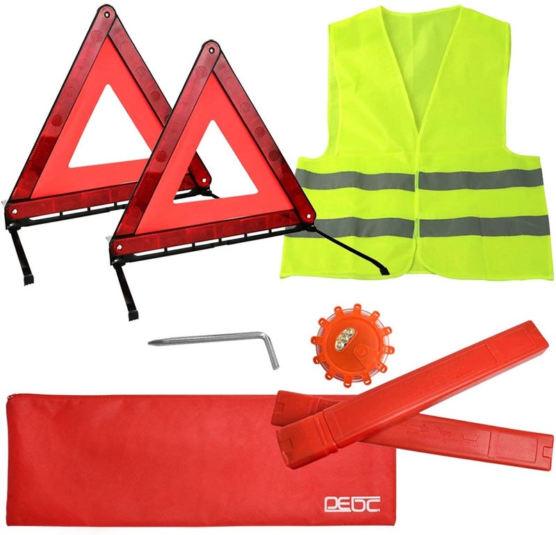 DEDC Car Safety Triangle Warning Kit Set of 3 Roadside Emergency Kit with Reflective Warning TriangleVisibility Roadside Vest LED Road Flares Emergency Lights