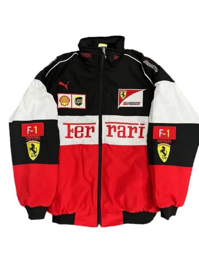 Ferrari x PUMA F1 Racing Jacket - Shell/UPS Sponsor Badges, Black/Red Color Block, Embroidered Logo, Full-Zip Design, Unisex Motorsport Streetwear Coat - Image 1