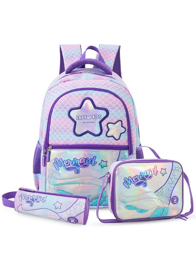 Eazy Kids 16” Trolley School Bag Set of 3 w/ Universal School Bag Trolley–Backpack, Lunch Bag & Pencil Case, Purple - Image 3