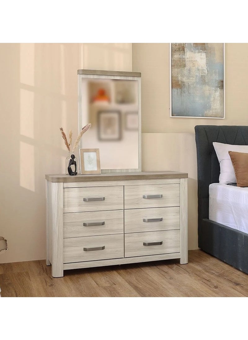 DANUBE HOME Olivos 6 Drawers Dresser With Mirror Durable Vanity Table | Dressing Table | Makeup Table | Desk With Storage Modern Design Bedroom Furniture 128x53x16.5Cm Ash Grey/Oak  - Image 1