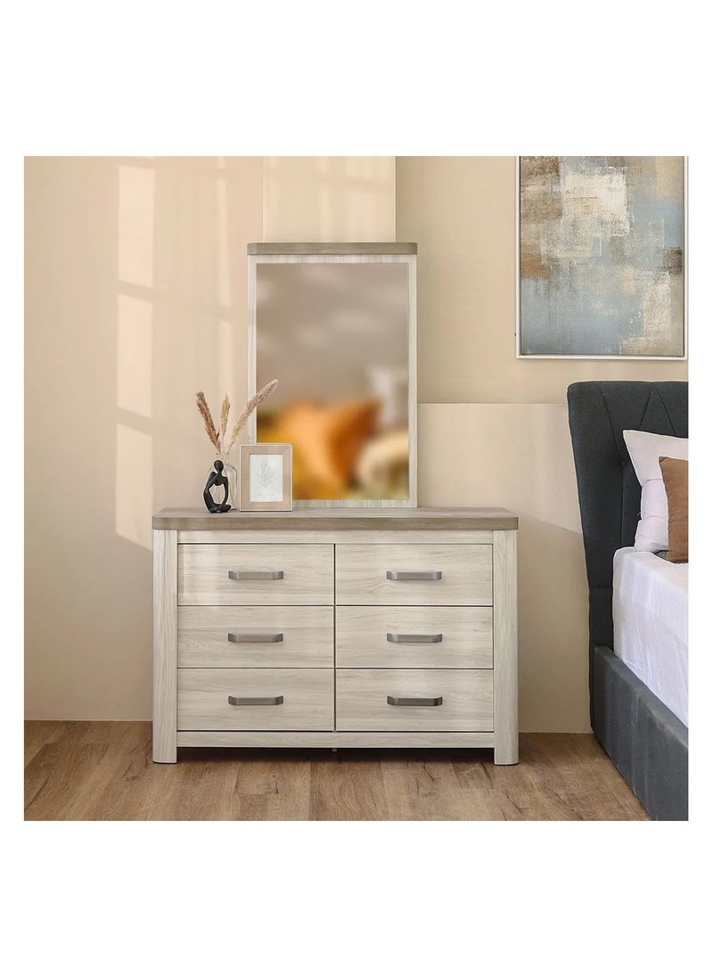 DANUBE HOME Olivos 6 Drawers Dresser With Mirror Durable Vanity Table | Dressing Table | Makeup Table | Desk With Storage Modern Design Bedroom Furniture 128x53x16.5Cm Ash Grey/Oak  - Image 2