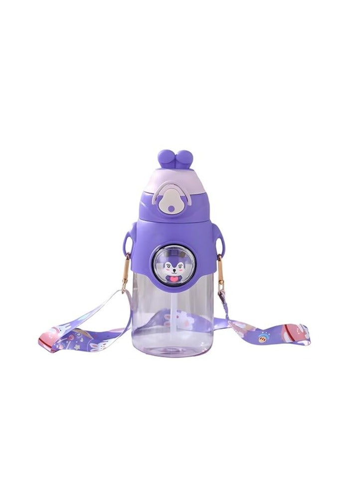 موبكوس زجاجة ماء كرتونية لطيفة للأطفال على شكل أرنب مع قشة وحزام قابل للتعديل، مادة التريتان الآمنة غذائياً، فتح بزر واحد، محمولة، مانعة للتسرب، معزولة، خالية من البيسفينول، للأطفال والفتيات للمدرسة والسفر،  مل بنفسجي - Image 1