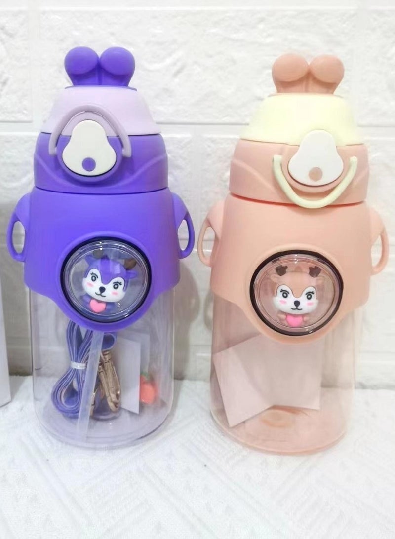 موبكوس زجاجة ماء كرتونية لطيفة للأطفال على شكل أرنب مع قشة وحزام قابل للتعديل، مادة التريتان الآمنة غذائياً، فتح بزر واحد، محمولة، مانعة للتسرب، معزولة، خالية من البيسفينول، للأطفال والفتيات للمدرسة والسفر،  مل بنفسجي - Image 4