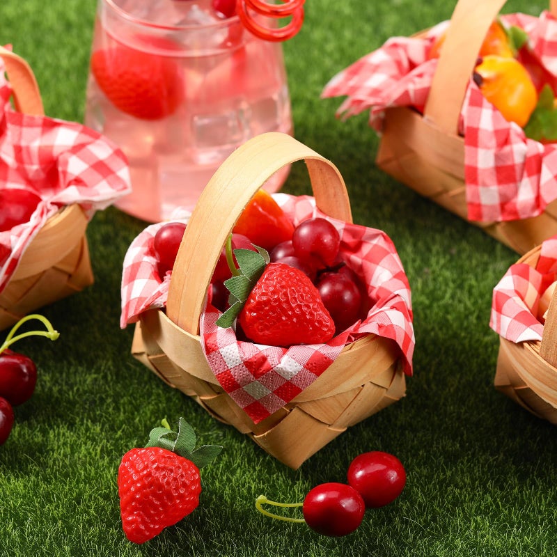 Geelin 12 Pcs Mini Woven Basket with Handle and Red White Gingham Paper Napkins Wood Chip Mini Flower Fruit Picnic Basket Chip for Easter Spring Wedding Party Gift Decoration (Medium) - Image 2