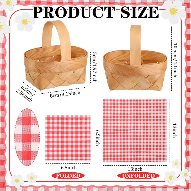 Geelin 12 Pcs Mini Woven Basket with Handle and Red White Gingham Paper Napkins Wood Chip Mini Flower Fruit Picnic Basket Chip for Easter Spring Wedding Party Gift Decoration (Medium) - Image 3