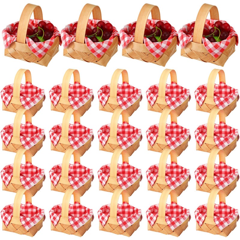 Geelin 12 Pcs Mini Woven Basket with Handle and Red White Gingham Paper Napkins Wood Chip Mini Flower Fruit Picnic Basket Chip for Easter Spring Wedding Party Gift Decoration (Medium) - Image 1