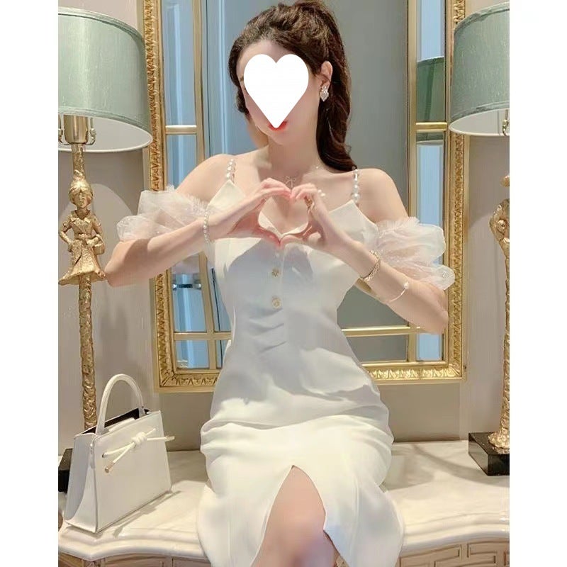 Summer White Elegant Off-Shoulder V-Neck Slip Dress Women SY337 pink  - Image 5