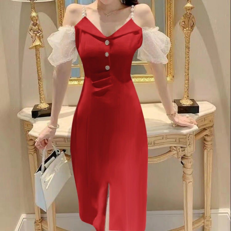 Summer White Elegant Off-Shoulder V-Neck Slip Dress Women SY337 pink  - Image 3