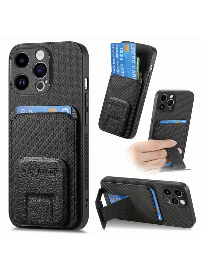 S-TOP Case For iPhone 13 Pro Max Carbon Fiber Card Bag Fold Stand Phone Case - Image 1