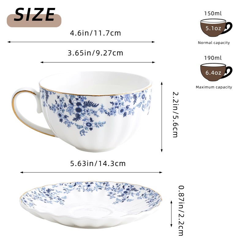 Agyiuns ceramic tea cups and saucers 6oz,floral tea cups for Coffee, Latte, Cafe Mocha and Tea (Little Blue Flowers) - Image 2