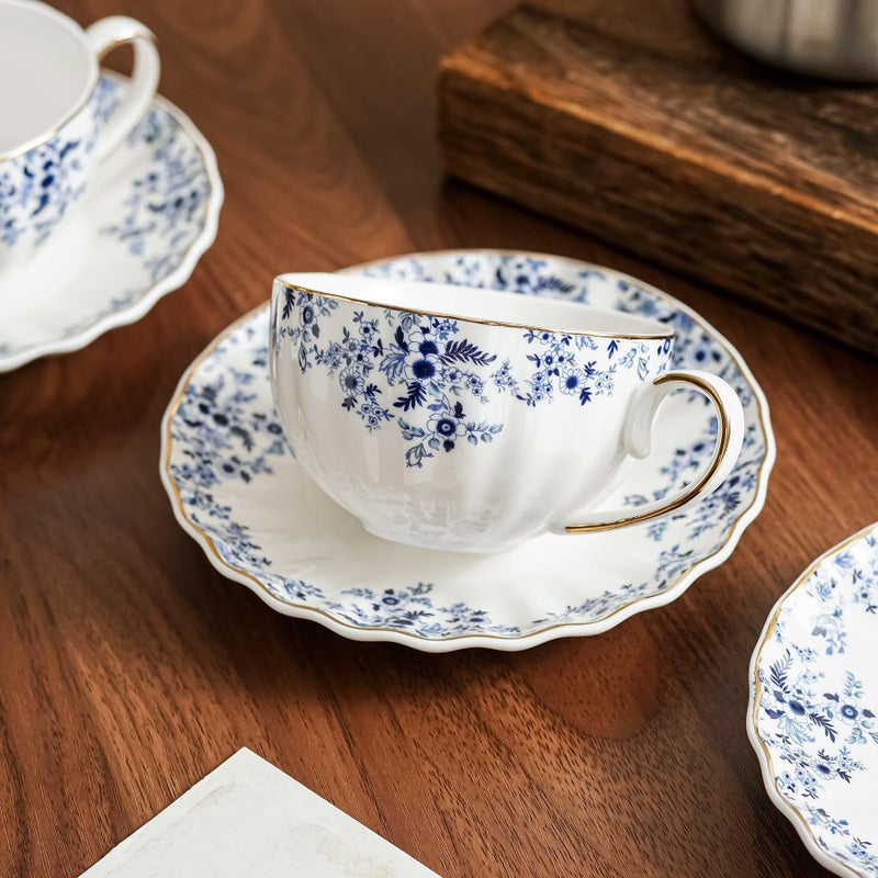 Agyiuns ceramic tea cups and saucers 6oz,floral tea cups for Coffee, Latte, Cafe Mocha and Tea (Little Blue Flowers) - Image 4