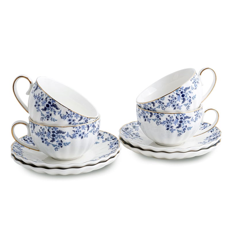 Agyiuns ceramic tea cups and saucers 6oz,floral tea cups for Coffee, Latte, Cafe Mocha and Tea (Little Blue Flowers) - Image 1