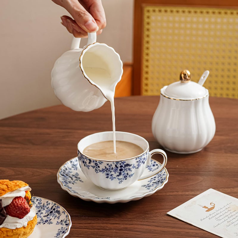 Agyiuns ceramic tea cups and saucers 6oz,floral tea cups for Coffee, Latte, Cafe Mocha and Tea (Little Blue Flowers) - Image 5