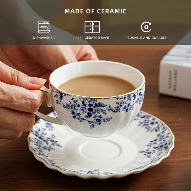 Agyiuns ceramic tea cups and saucers 6oz,floral tea cups for Coffee, Latte, Cafe Mocha and Tea (Little Blue Flowers) - Image 3