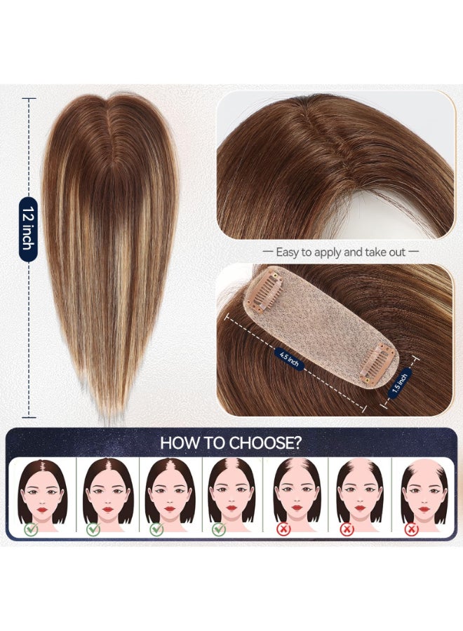 starluck Hair Toppers for Women Real Human Hair 4515Silk Base ombre Brown balayage No Bangs 100 Real Human Hair Toppers for Women with ThinningHair Cover Gray Roots - Image 4
