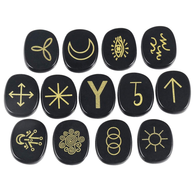 Amogeeli Obsidian Witch Runes Set of 13pcs Gypsy Symbols Engraved Pocket Crystal for Divination