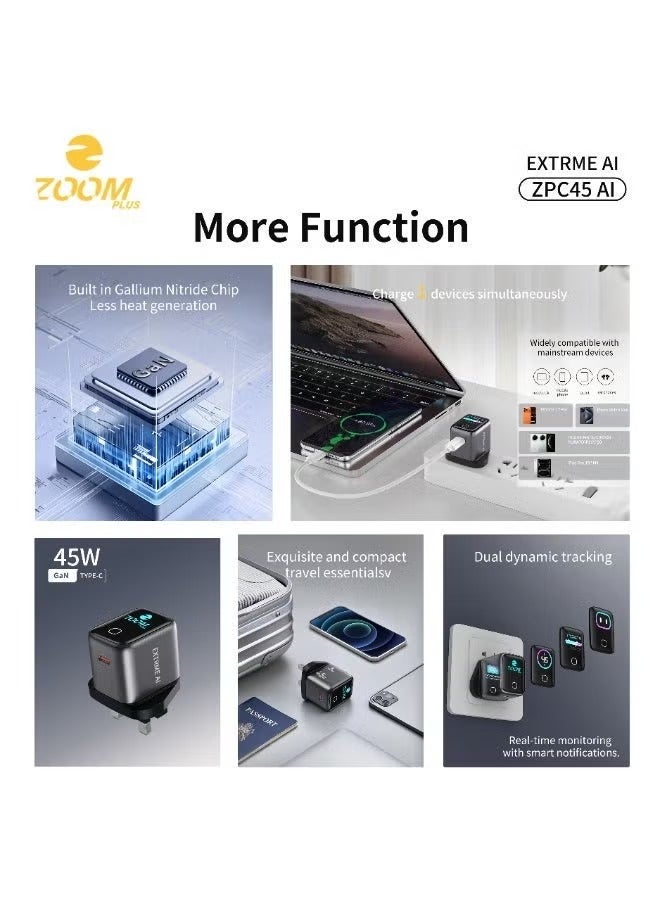 زوم بلس زووم بلس EXTREME AI شاحن 45 واط GaN مع شاشة ذكية – شاحن حائط Type-C بتقنية كشف الطاقة الذكية AI، تصميم صغير بمقبس بريطاني، مناسب للهواتف والتابلت واللابتوب – موديل ZPC45 AI - Image 3