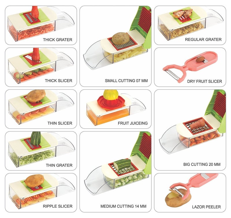 Ritu Mezon's Plastic, Stainless Steel 12 in 1 Multipurpose Vegetable & Fruit Chopper Cutter Slicer Grater with Unbreakable Container, Multicolour - Image 2