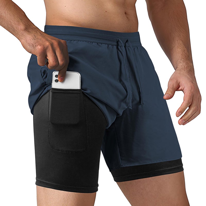 NIMOJIRO Men's 2 in 1 Running Shorts Workout Athletic Shorts Outdoor Sports with Liner Lightweight Training Yoga Gym Shorts with Phone Pockets Black M - Image 1