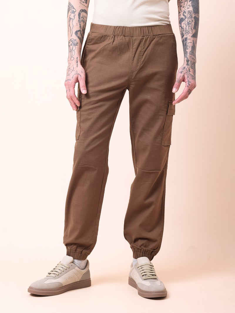 British Club Men Brown Solid Cargo Joggers - Image 1