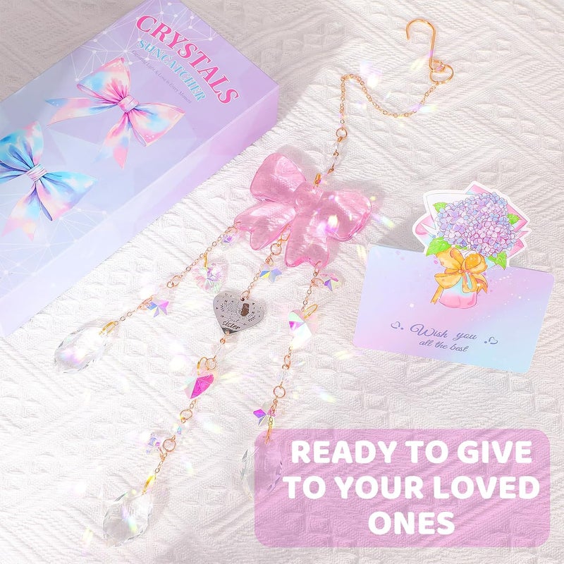 Hoemwarm Crystal Sun Catchers Indoor Window,Pink Bow Decor Sun Catcher for Sister Gifts with 3 Chains,Prism Rainbow Crystal Suncatcher for Hangings College Dorm Rooms Home Decoration - Image 2