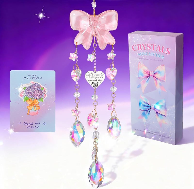 Hoemwarm Crystal Sun Catchers Indoor Window,Pink Bow Decor Sun Catcher for Sister Gifts with 3 Chains,Prism Rainbow Crystal Suncatcher for Hangings College Dorm Rooms Home Decoration - Image 1