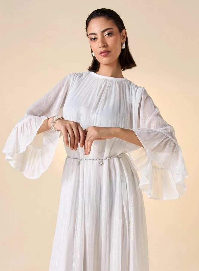 ايكونيك فستان ميدي بارز الملمس بياقة مستديرة وأكمام 3/4 من أيكونيك