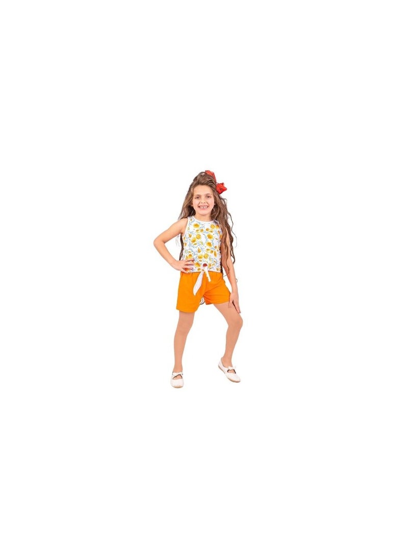 Girls' set consisting of a white embellished T-shirt and orange shorts 