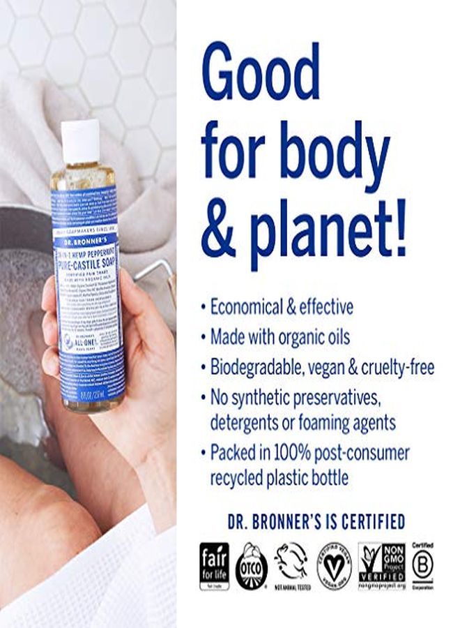 Dr. Bronner's دكتور برونر - صابون سائل نقي من قشتالة (نعناع، 8 أونصة) - مصنوع من زيوت عضوية، 18 استخدامًا في 1: الوجه والجسم والشعر والغسيل والحيوانات الأليفة والأطباق، مركّز، نباتي، غير معدّل وراثيًا - Image 5