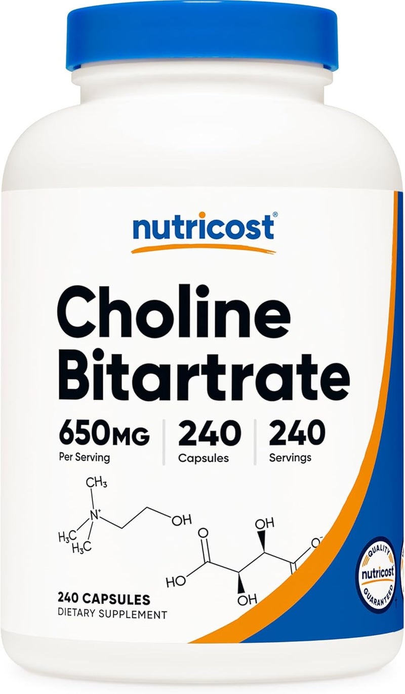 Nutricost Choline Bitartrate 650mg 240 Vegetarian Capsules  NonGMO Vegetarian Friendly Gluten Free - Image 1