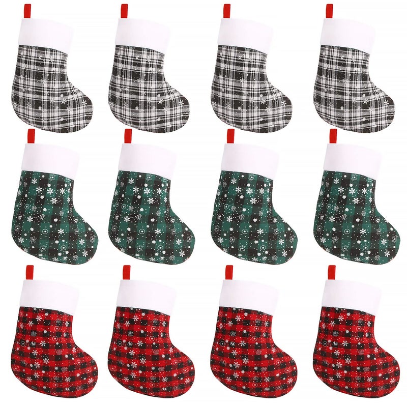FOIMAS 12pcs Mini Christmas Stockings8 Buffalo Plaid Xmas Hanging Stocking with Snowflake for Christmas Tree Fireplace Farmhouse Tableware Home Decoration - Image 2