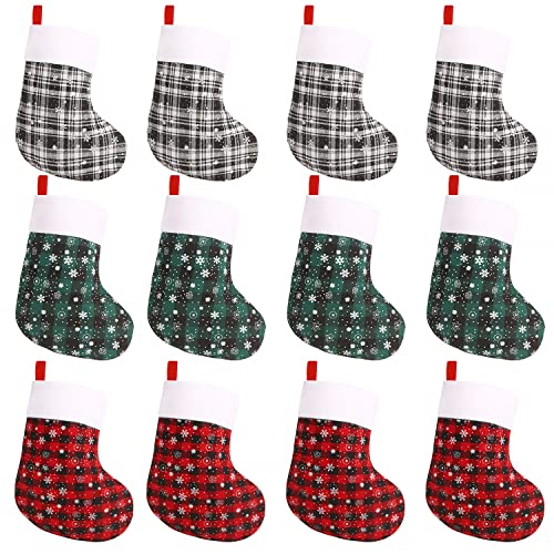FOIMAS 12pcs Mini Christmas Stockings8 Buffalo Plaid Xmas Hanging Stocking with Snowflake for Christmas Tree Fireplace Farmhouse Tableware Home Decoration - Image 1