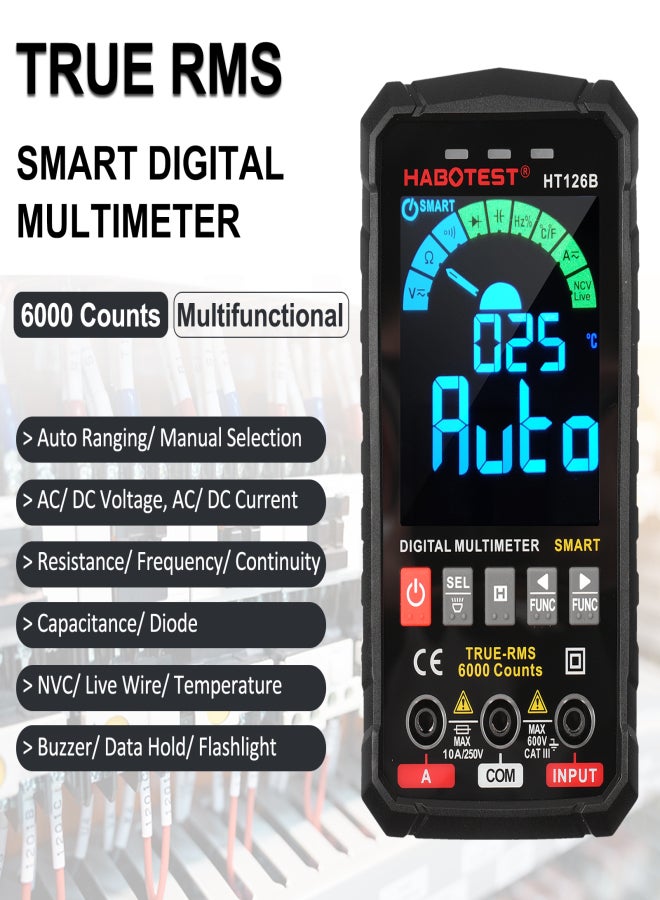 HABOTEST HABOTEST HT126B Smart Digital Multimeter 6000 Counts True RMS Auto-ranging VA Color Screen Electrical Tester Voltmeter Ammeter Temperature Measuring Multifunction AC DC Voltage Current Capacitance - Image 3