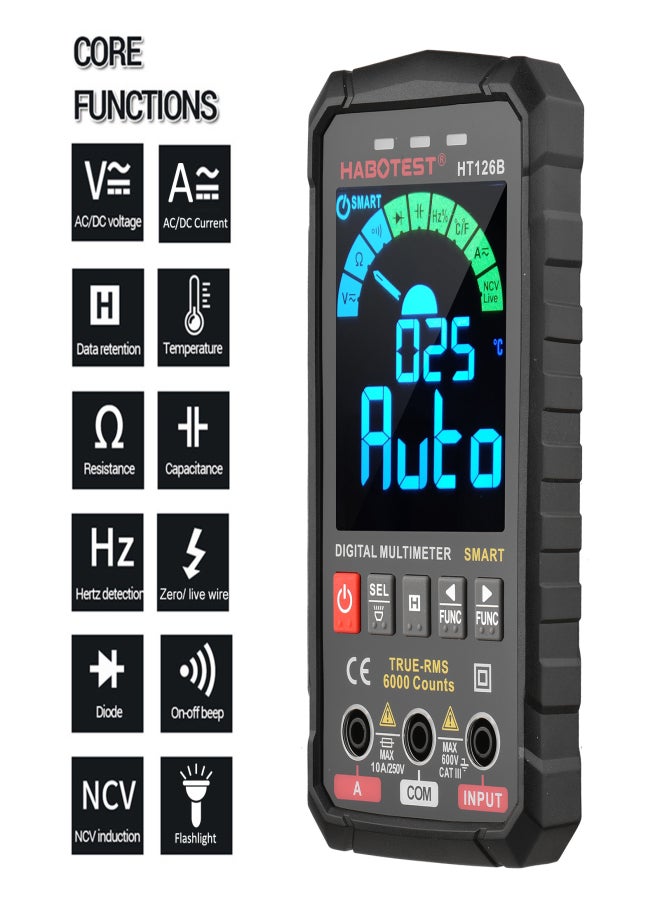 HABOTEST HABOTEST HT126B Smart Digital Multimeter 6000 Counts True RMS Auto-ranging VA Color Screen Electrical Tester Voltmeter Ammeter Temperature Measuring Multifunction AC DC Voltage Current Capacitance - Image 2