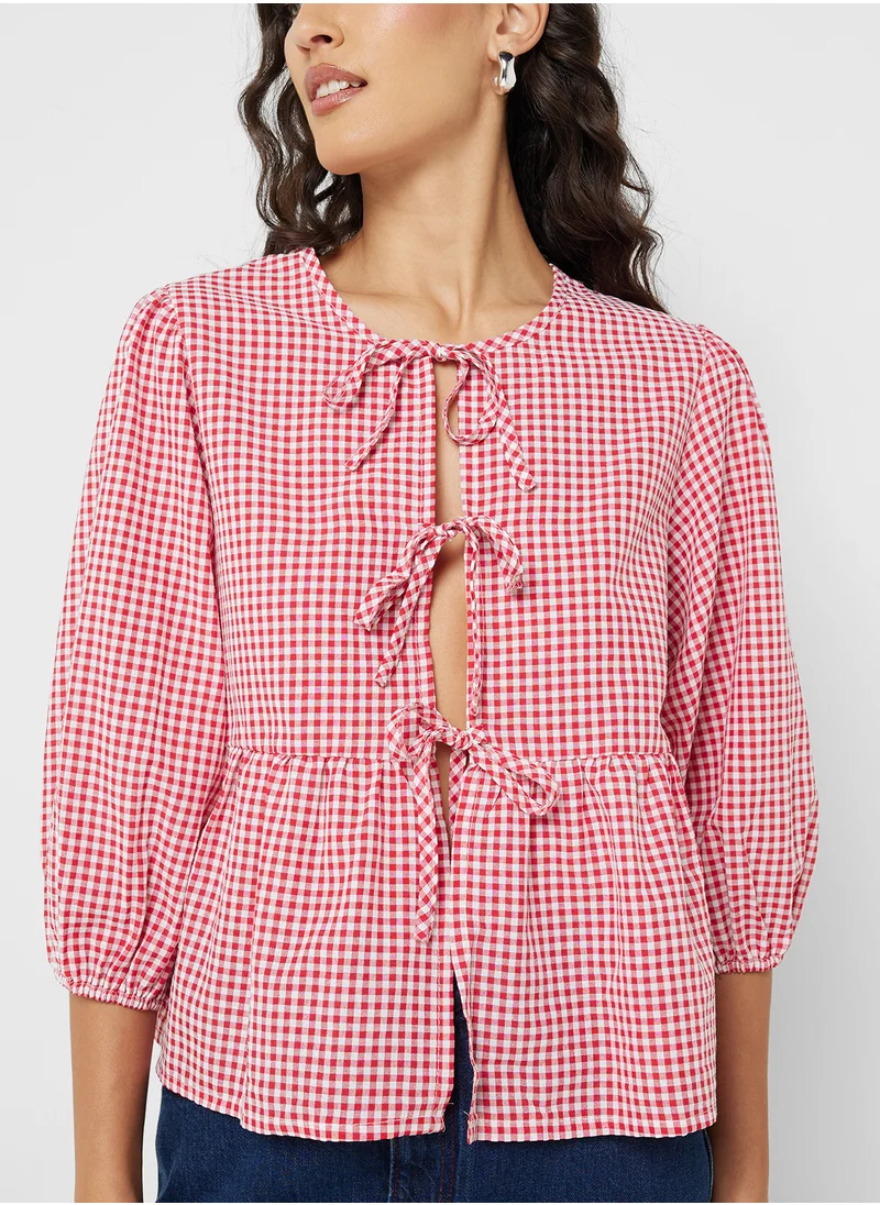 جينجر Puff Sleeve Bow Tie Up Detail Peplum Blouse