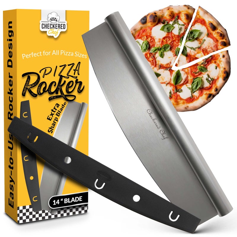 Checkered Chef Pizza Cutter Rocker Blade 14  Sharp Stainless Steel Rocker Knife with Plastic Blade Sheath Dishwasher Safe Outdoor Pizza Oven Accessories