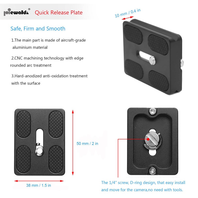 Niewalda Universal Tripod Quick Release Plate, Quick Release Plate, Arca Swiss Plate with 1/4 Inch Slotted Screw, C-Ring/D-Ring Screw, 1/4"-3/8" Screw, for DSLR Camera Tripod Ball Head(PU-50) - Image 5