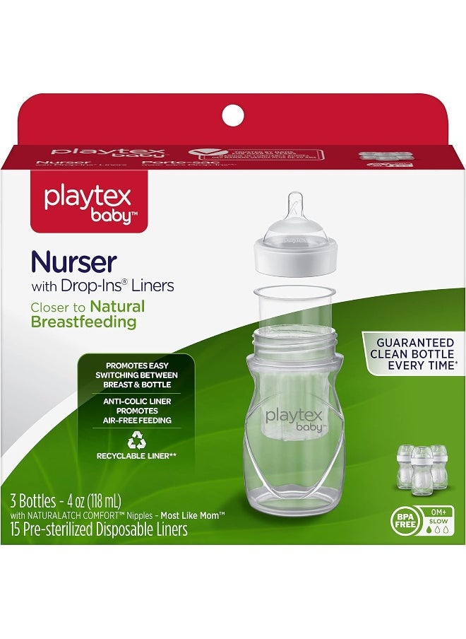 Diaper Genie Playtex Baby Nurser Bottle with Disposable Drop-Ins Liners, for Breastfed Babies, 4 Ounce Bottles, 3Count, Clear  - Image 2