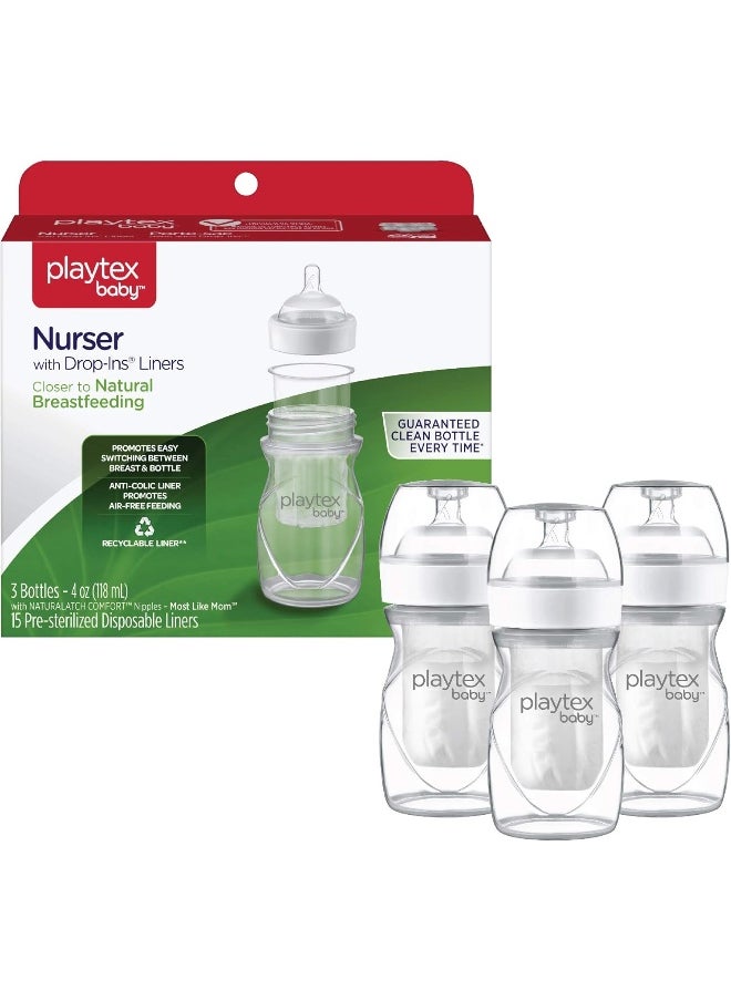 Diaper Genie Playtex Baby Nurser Bottle with Disposable Drop-Ins Liners, for Breastfed Babies, 4 Ounce Bottles, 3Count, Clear  - Image 3