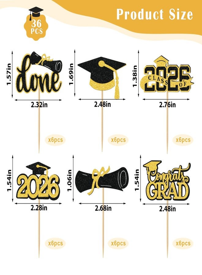 iefoah Gold Graduation Cupcake Toppers 2026, 36pcs Glitter Cupcake Toppers for Class of 2026 Party Decoration Cap Diploma Done Congrats Grad Picks for Food Dessert Graduation Party Supplies - Image 2