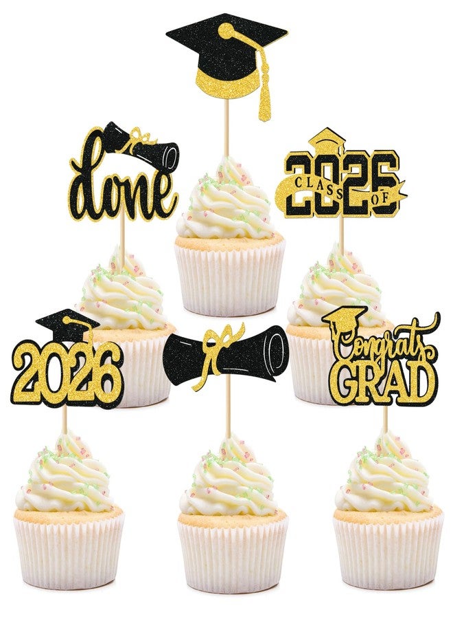 iefoah Gold Graduation Cupcake Toppers 2026, 36pcs Glitter Cupcake Toppers for Class of 2026 Party Decoration Cap Diploma Done Congrats Grad Picks for Food Dessert Graduation Party Supplies - Image 1